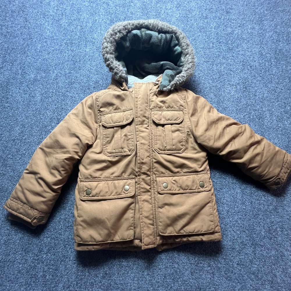 Carters Boys Heavyweight Parka Jacket Tan Brown Faux Fur Hood Size M 5-6